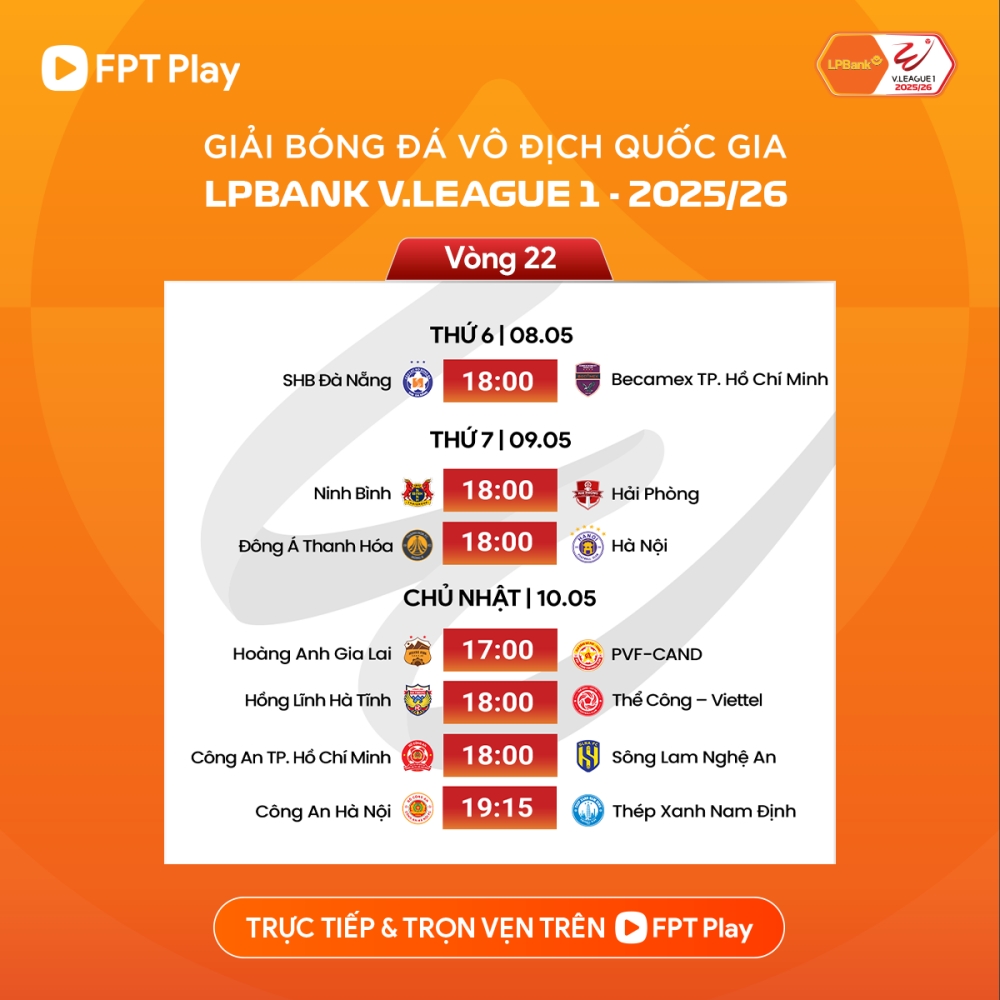 Tr?c ti?p HAGL vs CAHN vòng 22 V-League t?i Hàng ??y 19h15 ngày 10/5/2026